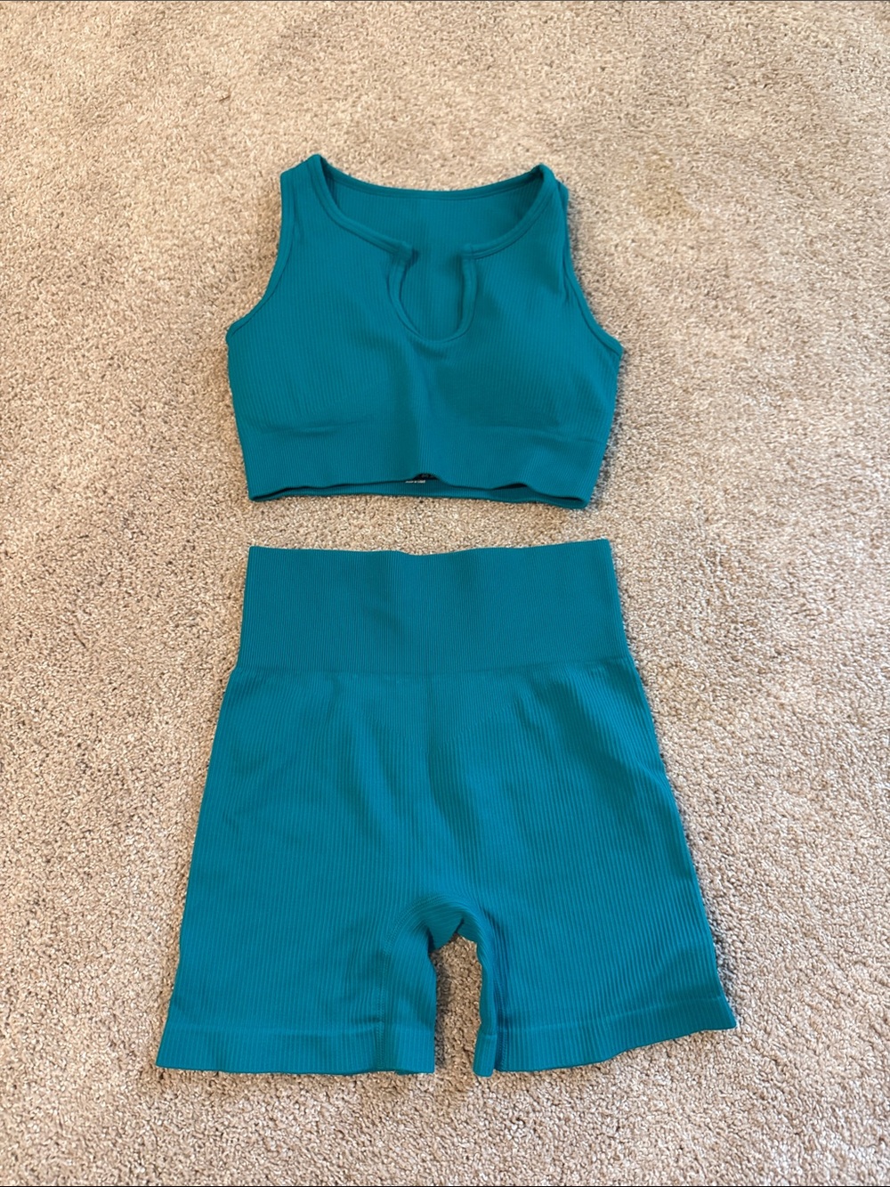 Amazon Teal Ribbed Sports Bra and High-Waist Biker Shorts Set - Teal